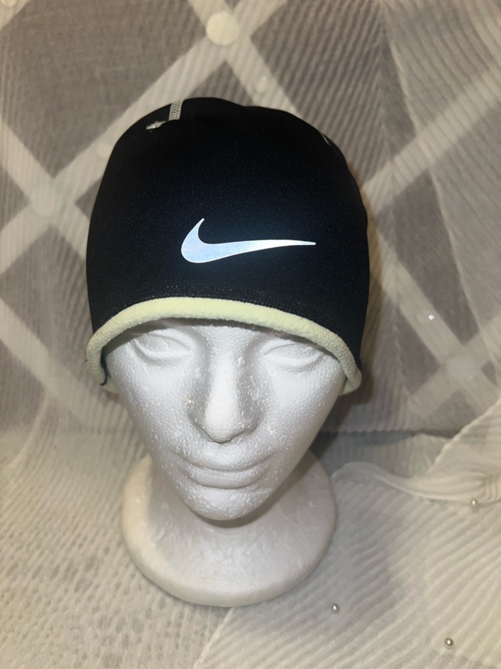 Nike Black Beanie with White Swoosh and Cream Trim